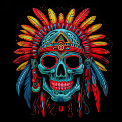 Wall Mural - A skull with a feather headdress and a red and blue background.