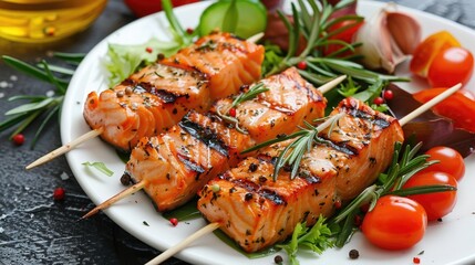 Canvas Print - Skewered salmon with rosemary salad pepper and seasoning