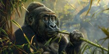 A Captivating Image Of A Gorilla Peering Through Vibrant Green Foliage While Eating