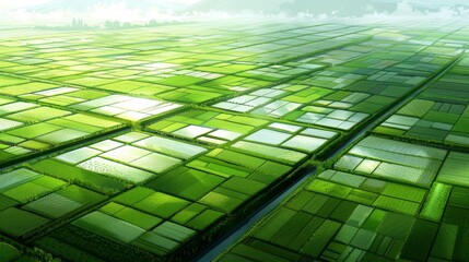 Wall Mural - Vibrant aerial landscape  cultivated farmland beside river in digital matte painting