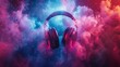 Colorful dust and smoke bursting from headphones, intense light pulses reflecting energetic music vibes at a festive party