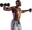 © master1305 - Sweating muscular African-American man training shirtless, doing exercises with dumbbells isolated on transparent background. Concept of sport, active and healthy lifestyle, action