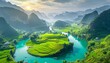 Aerial view of vibrant green cultivated farmland with river, digital matte painting illustration
