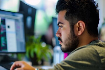 corporate business photography of a focused man coding and developing his startup's software, genera