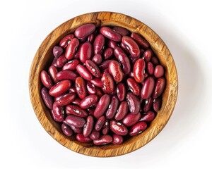 Wall Mural - Adzuki Red Beans: Top-View of Cooked and Uncooked Beans with Nature Inspired Textures in Wooden Bowl, Isolated on White Background