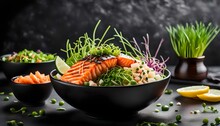 Poke Bowl With Fresh Marinated Salmon And Variegated Vegetables, Green Onions And Microgreens. Black Background.

