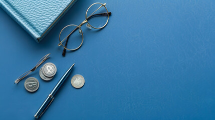 Fototapete - Flat lay view of money coin eyeglasses pen and book bank on blue leather background with copy space Business and financial concept : Generative AI