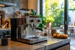 Modern kitchen island boasting a stylish coffee set, espresso machine gleaming, awaiting use  8K , high-resolution, ultra HD,up32K HD