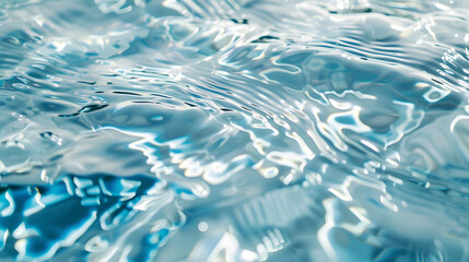 Poster - Transparent blue colored clear water surface texture with ripples splashes and bubbles Abstract nature background Water waves in sunlight with copy space Cosmetic moisturizer micellar  : Generative AI