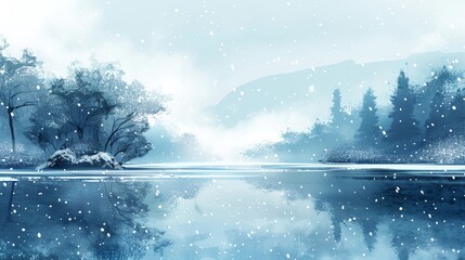 Calm river with snowflakes falling, watercolor hand drawing, birdseye view, diffuse light