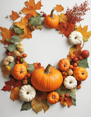 Wall Mural - Colorful Fall Decorative Border With Leaves and Pumpkins on White Background, Thanks GIving / Halloween / Autumn Design