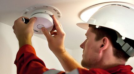 close up of Electrician man in white Hardhat Installing Smoke Detector alarm