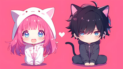 Wall Mural - chibi anime style couple dating. cute anime. color pink background