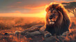 A serene lion is beautifully captured amidst a hushed ambiance of sunset, conveying a sense of peace and tranquillity