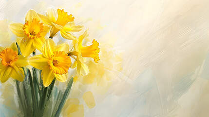 Poster - bouquet of yellow flowers Daffodils on watercolor background Spring season bloom of Jonquil Blossom of spring flowers narcissus Celebrating of St Davids Day Horizontal banner with copy : Generative AI