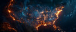 A visually striking depiction of the United States map illuminated with lights from cities at night as seen from space
