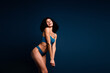 © deagreez - No retouch photo of shiny dreamy lady underwear lingerie dancing accepting acne skin empty space isolated blue color background