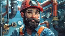 Cartoon Bearded Plumber Fixing A Leak, Toolkit And Pipes Background