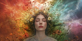Fototapeta Tęcza - A mindfulness trance is a beautiful place to take the mind for peace and quiet - young pretty female with eyes closed deep in meditative thought against a multicoloured flowing background with flowers