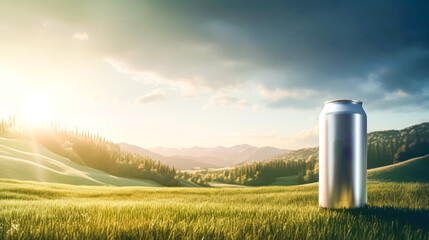 Wall Mural - A can of beer is sitting in a grassy field with mountains in the background