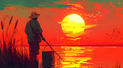 Wall Mural - fisherman goes into the sunset with a bucket
