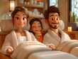 3D cartoon family giving dad a day off relaxation, spa day at home, peaceful ambiance