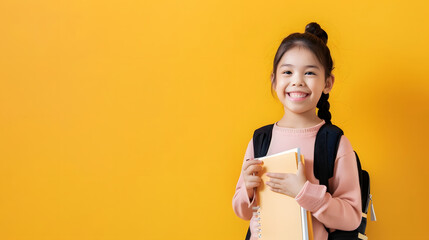 Poster - Study And Technologies Smiling Little Schoolgirl Holding Paper Book And Digital Tablet Happy Cute Preteen Female Child Comparing Options While Standing Isolated Over Yellow Background  : Generative AI