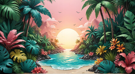 Wall Mural - tropical island with palm trees and sea