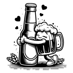 Wall Mural - animated beer bottle and mug hugging, with hearts, for beverage enthusiasts sketch engraving generative ai fictional character PNG illustration. Scratch board imitation. Black and white image.