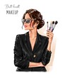 Beautiful brunette hair woman holding makeup brushes. Makeup artist concept. Fashion illustration 