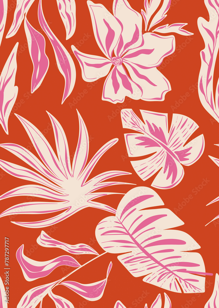 seamless tropical pattern with set os embroidery leaves hand drawn bold ...