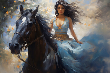 Wall Mural - oil painting of a beautiful girl in a blue dress riding a horse,art design