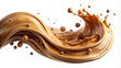 A dynamic swirl of liquid chocolate takes centre stage, with droplets floating around it. The shiny and viscous chocolate is in motion, creating a wave-like shape. AI generated.