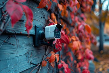 A closeup photo of an outdoor security camera mounted on the side wall of a wooden house, with autumn leaves in the background. Generative AI