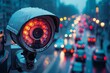 CCTV camera on the street, overlooking view of the city with cars and traffic lights at dawn, blue sky. The concept for a security system or trail records from cars. Generative AI