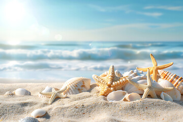 Wall Mural - Beach summer panoramic background with seashells and starfish