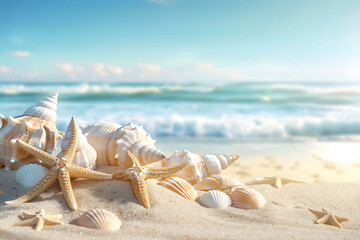 Wall Mural - Beach summer panoramic background with seashells and starfish