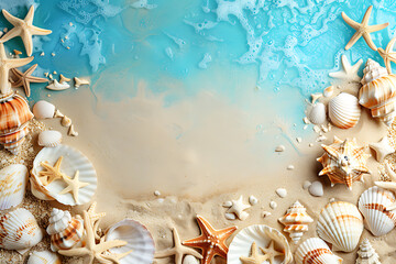 Wall Mural - Beach summer panoramic background with seashells and starfish