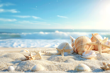 Wall Mural - Beach summer panoramic background with seashells and starfish