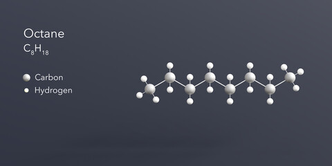 Poster - octane molecule 3d rendering, flat molecular structure with chemical formula and atoms color coding