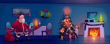 Santa Claus Sneaking Toward Christmas Tree Place Gifts Cartoon Illustration