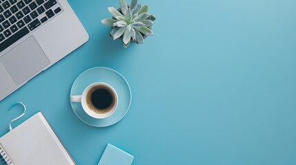 Poster - Minimal work space  Creative flat lay photo of workspace desk Top view office desk with laptop notebooks and coffee cup on blue color background Panoramic banner background with copy s : Generative AI
