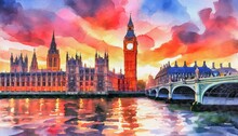 Watercolor Painting Of Sunset Skyline Of Big Ben Abd Houses Of Parliament In London