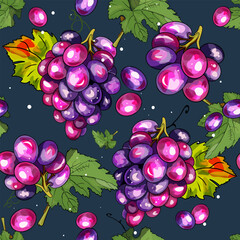 Wall Mural - Bunch of grapes. Grapes seamless pattern with bunches of ripe purple grapes. Design element for seasonal backgrounds, paper wrapping and cards