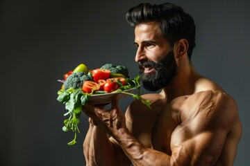 Side view of smiling healthy muscular man holding a bowl of vegetables salad to stay strong and fit