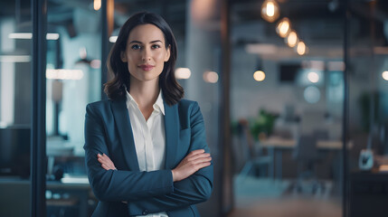 Proud arms crossed and confident businesswoman standing alone in a modern office Young female business owner smiling in a corporate workplace Happy and successful lady at work with cop : Generative AI