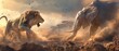 Dramatic showdown between a roaring lion and a defiant elephant in a dusky, dusty African savanna