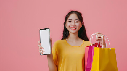 Leinwandbilder - App For Online Store Excited Happy Asian Woman Showing Big Giant Cell Phone With Blank White Screen In Hand Lady Holding Shopping Bags Isolated On Pink Studio Background Mock Up Free C : Generative AI