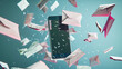email clutter and spam concept with envelopes flying above smartphone