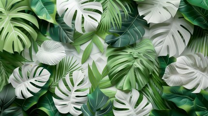 Wall Mural - 3d white green geometric floral tropical leaves wall texture background for modern interior design